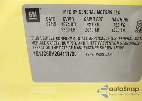 2016 Chevrolet Sonic Lt Auto z USA, uszkodzony, nr VIN 1G1JC6SH2G4111730